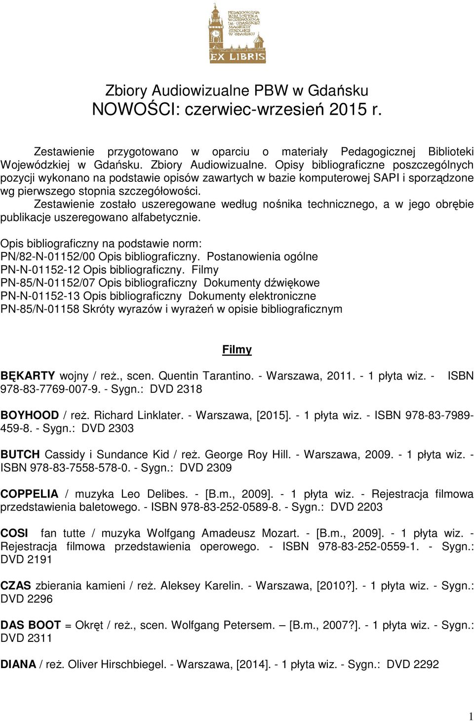 Zestawienie zostało uszeregowane według nośnika technicznego, a w jego obrębie publikacje uszeregowano alfabetycznie. Opis bibliograficzny na podstawie norm: PN/82-N-01152/00 Opis bibliograficzny.