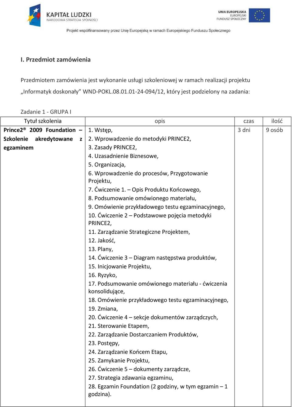 Wprowadzenie do metodyki PRINCE2, 3. Zasady PRINCE2, 4. Uzasadnienie Biznesowe, 5. Organizacja, 6. Wprowadzenie do procesów, Przygotowanie Projektu, 7. Ćwiczenie 1. Opis Produktu Końcowego, 8.