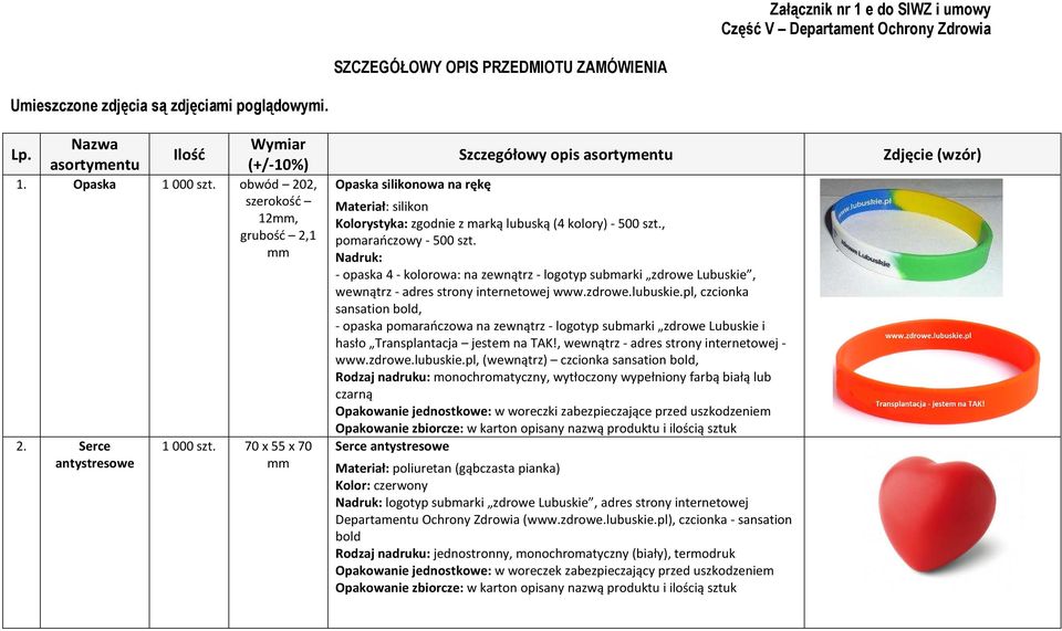 70 x 55 x 70 Opaska silikonowa na rękę Szczegółowy opis asortymentu Materiał: silikon Kolorystyka: zgodnie z marką lubuską (4 kolory) - 500 szt., pomarańczowy - 500 szt.