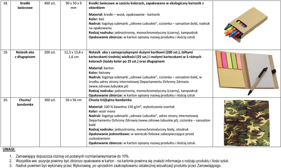 Notesik eko z długopisem 20. Chusta/ bandamka UWAGI: 200 szt. 12,3 x 13,8 x 1,6 Notesik eko z samoprzylepnymi dużymi kartkami (200 szt.), żółtymi karteczkami średniej wielkości (25 szt.