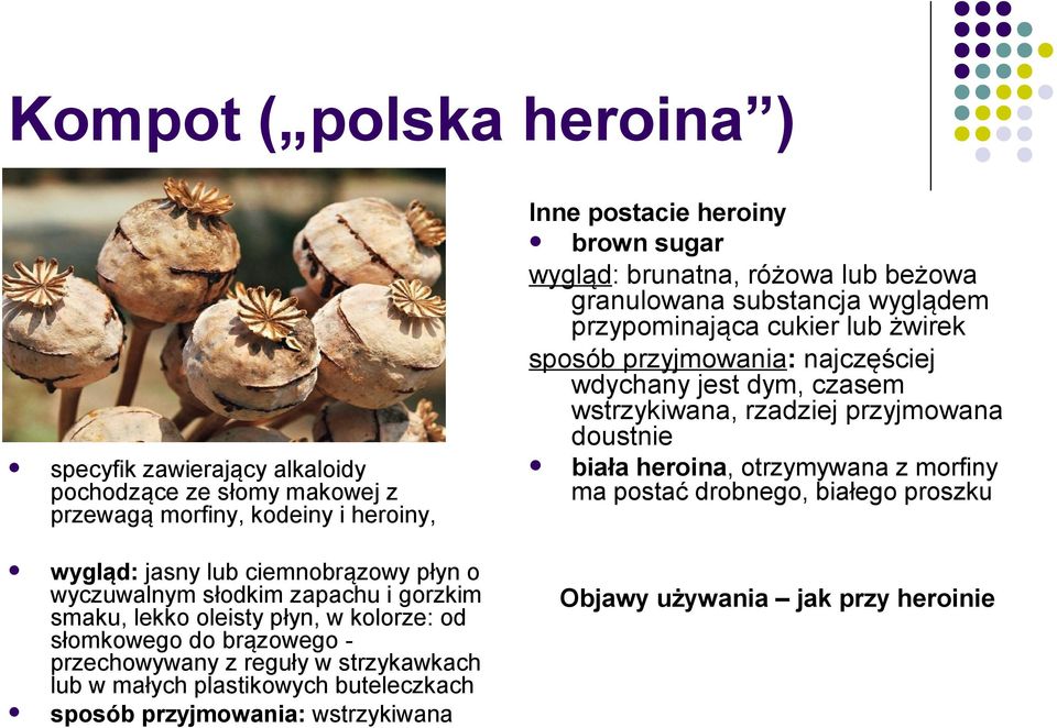 kodeiny i heroiny, wygląd: jasny lub ciemnobrązowy płyn o wyczuwalnym słodkim zapachu i gorzkim smaku, lekko oleisty płyn, w kolorze: od słomkowego do brązowego przechowywany z