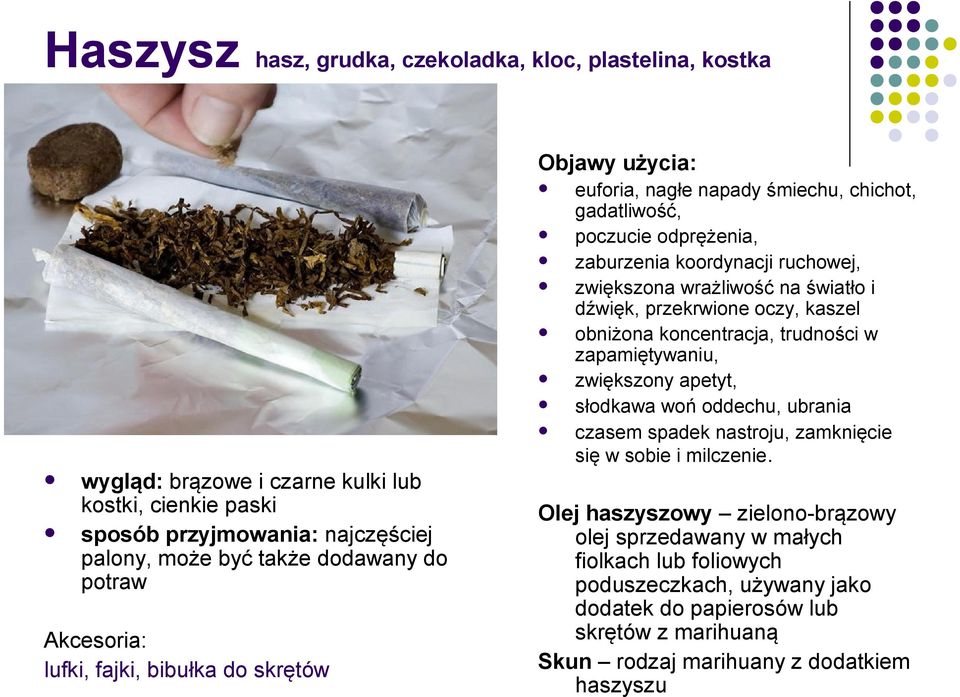 dźwięk, przekrwione oczy, kaszel obniżona koncentracja, trudności w zapamiętywaniu, zwiększony apetyt, słodkawa woń oddechu, ubrania czasem spadek nastroju, zamknięcie się w sobie i milczenie.