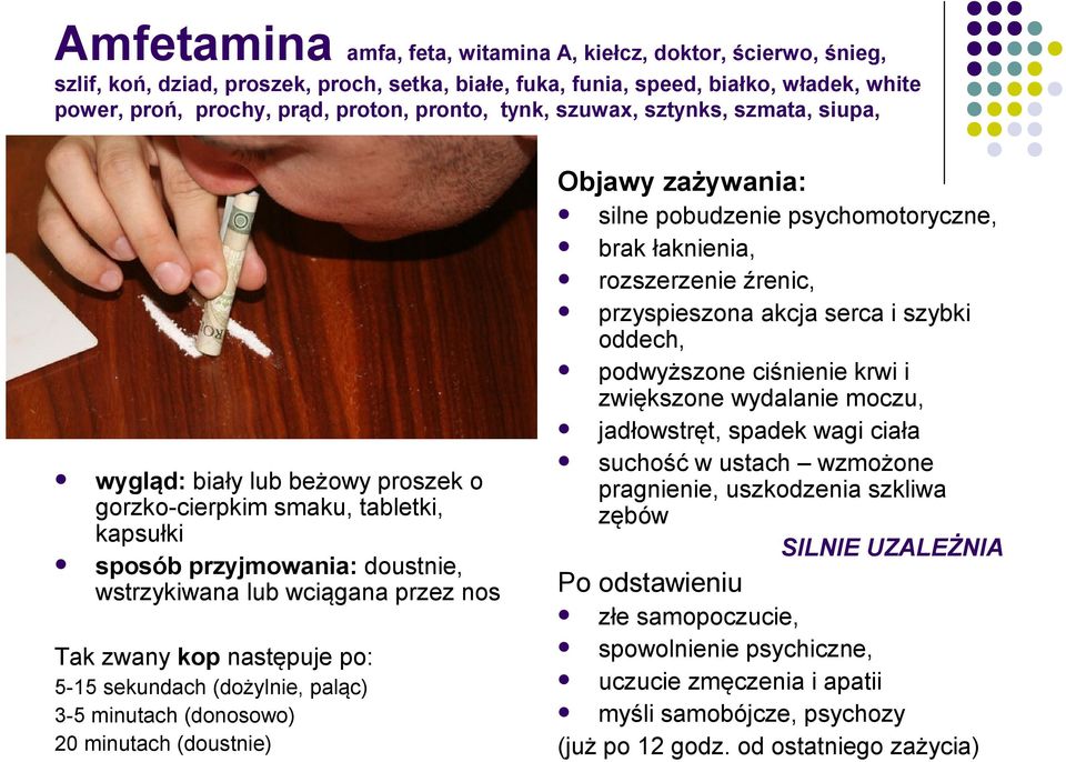 przez nos Tak zwany kop następuje po: 5-15 sekundach (dożylnie, paląc) 3-5 minutach (donosowo) 20 minutach (doustnie) silne pobudzenie psychomotoryczne, brak łaknienia, rozszerzenie źrenic,