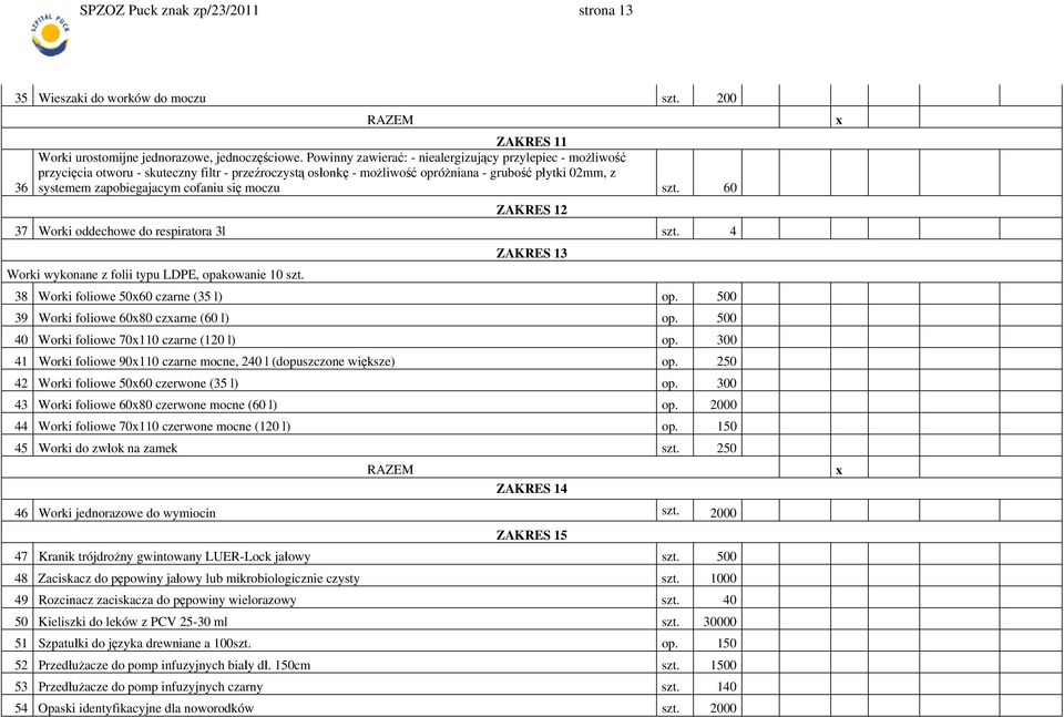 się moczu szt. 60 ZAKRES 12 37 Worki oddechowe do respiratora 3l szt. 4 Worki wykonane z folii typu LDPE, opakowanie 10 szt. ZAKRES 13 38 Worki foliowe 50x60 czarne (35 l) op.