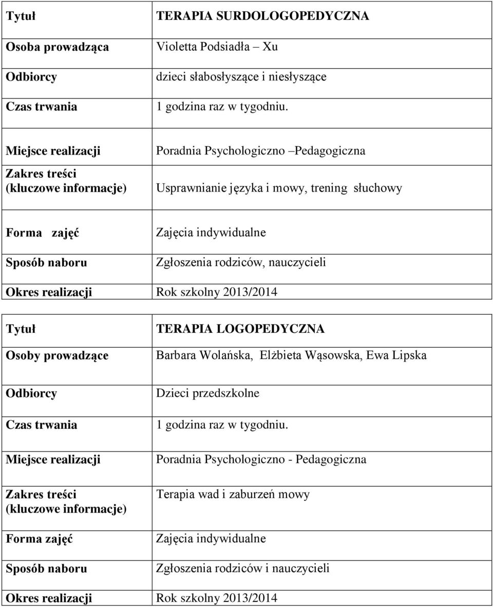 Poradnia Psychologiczno Pedagogiczna Usprawnianie języka i mowy, trening słuchowy Zajęcia indywidualne Zgłoszenia