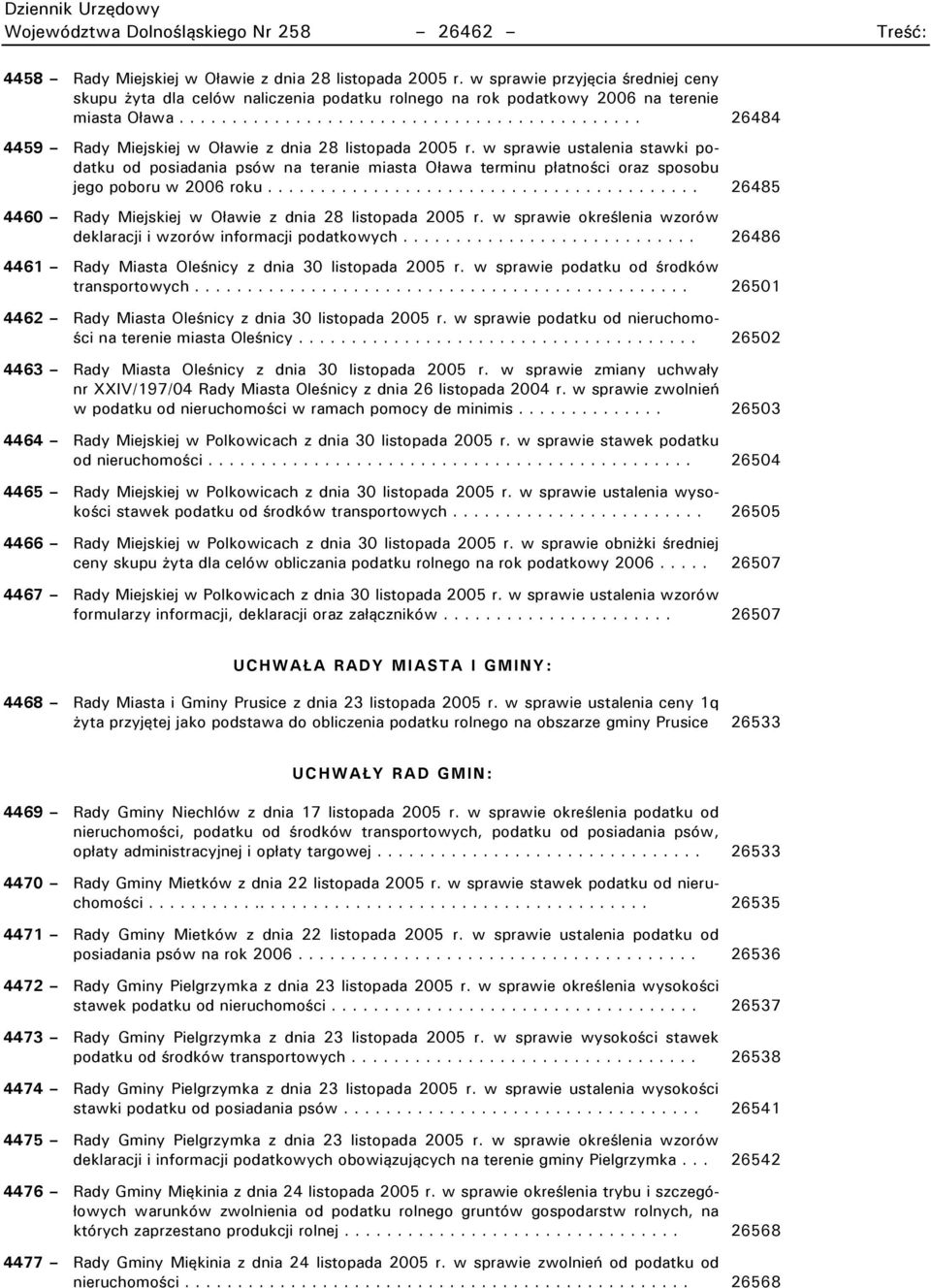 w sprawie ustalenia stawki podatku od posiadania psów na teranie miasta Oława terminu płatności oraz sposobu jego poboru w 2006 roku......................................... 26485 4460 Rady Miejskiej w Oławie z dnia 28 listopada 2005 r.