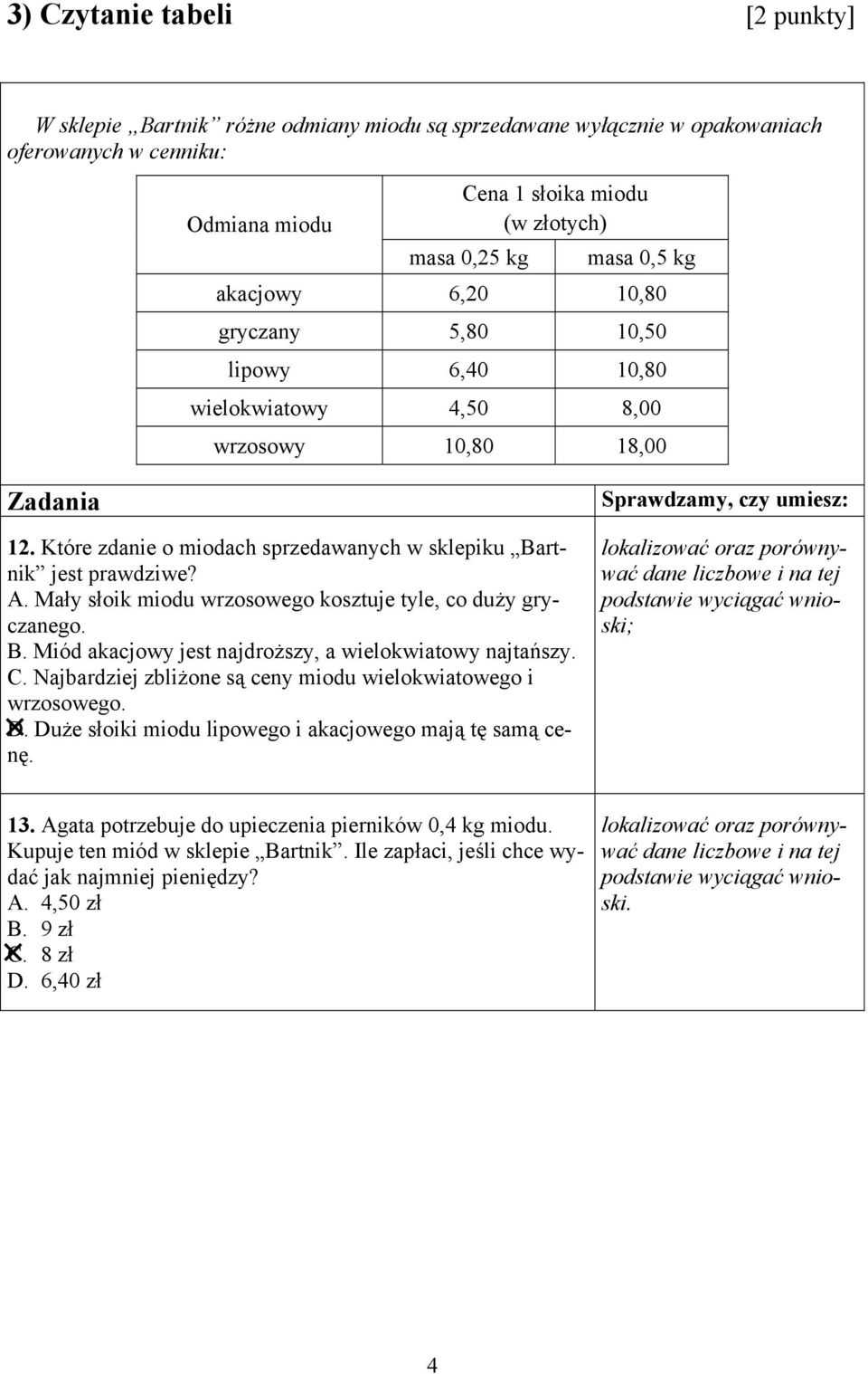 Mały słoik miodu wrzosowego kosztuje tyle, co duży gryczanego. B. Miód akacjowy jest najdroższy, a wielokwiatowy najtańszy. C. Najbardziej zbliżone są ceny miodu wielokwiatowego i wrzosowego. D.