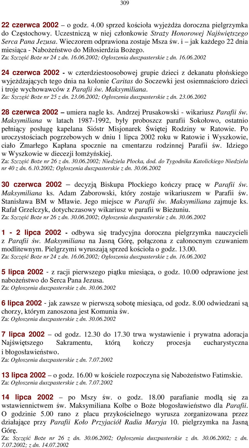 2002; Ogłoszenia duszpasterskie z dn. 16.06.