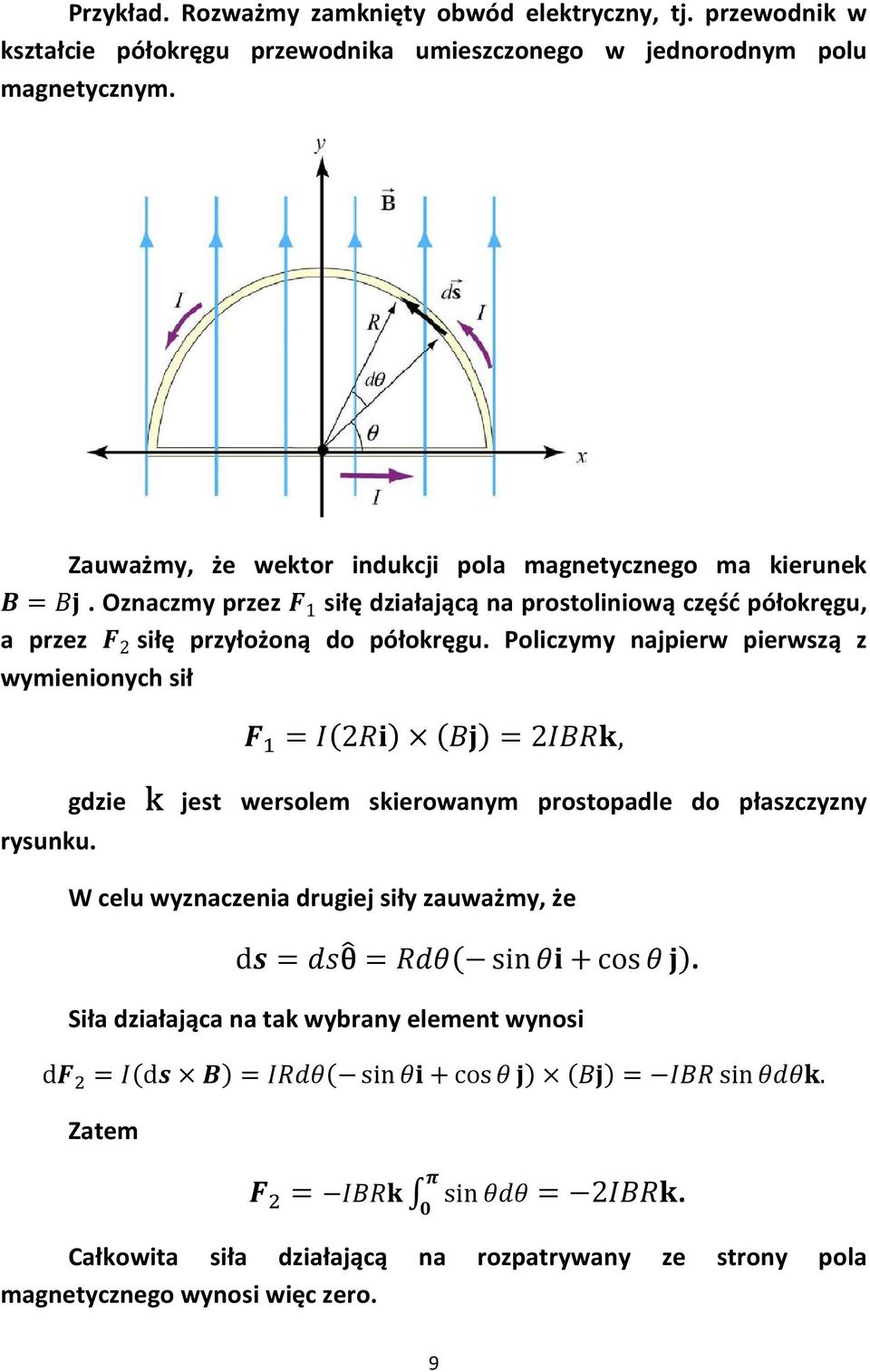 Oznaczmy przez 1 siłę działającą na prostoliniową część półokręgu, a przez 2 siłę przyłożoną do półokręgu. Policzymy najpierw pierwszą z wymienionych sił rysunku.