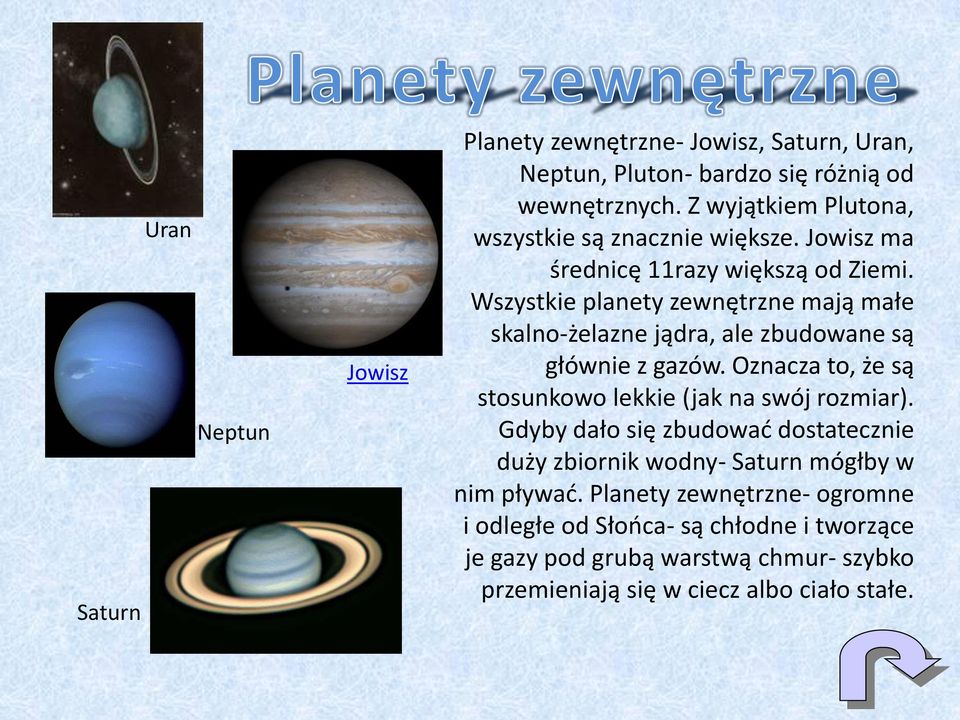 Wszystkie planety zewnętrzne mają małe skalno-żelazne jądra, ale zbudowane są głównie z gazów.