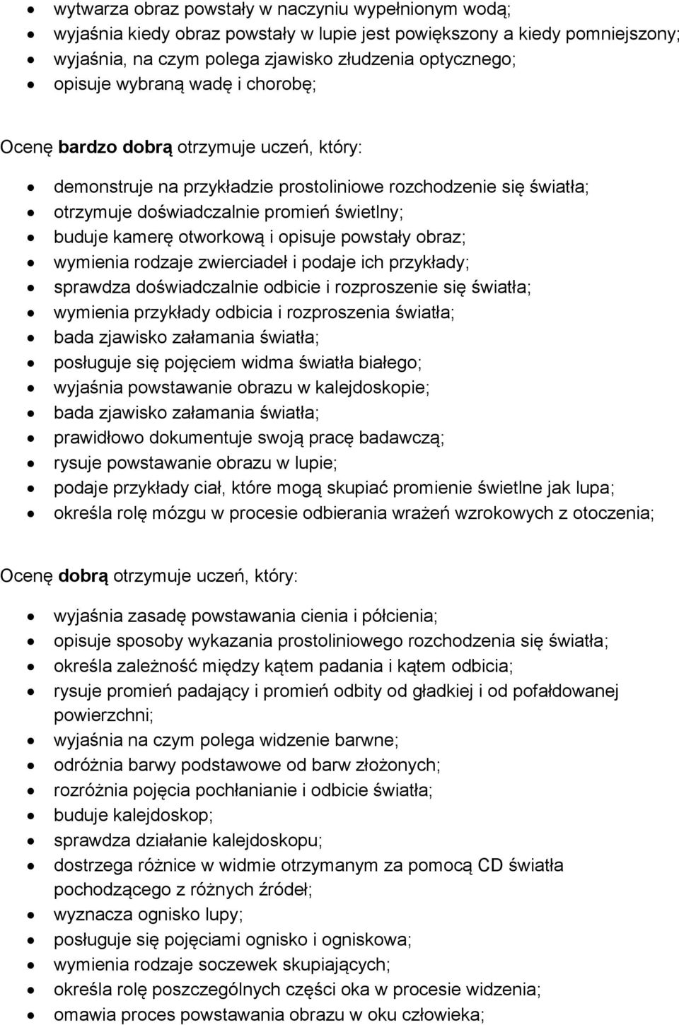 otworkową i opisuje powstały obraz; wymienia rodzaje zwierciadeł i podaje ich przykłady; sprawdza doświadczalnie odbicie i rozproszenie się światła; wymienia przykłady odbicia i rozproszenia światła;