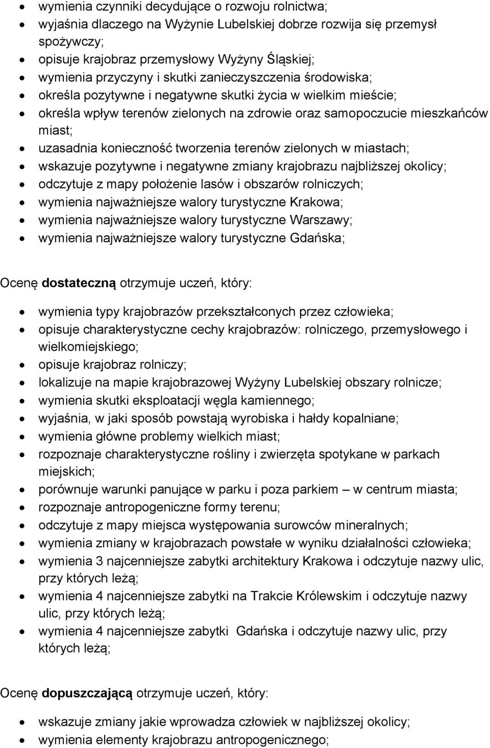 tworzenia terenów zielonych w miastach; wskazuje pozytywne i negatywne zmiany krajobrazu najbliższej okolicy; odczytuje z mapy położenie lasów i obszarów rolniczych; wymienia najważniejsze walory