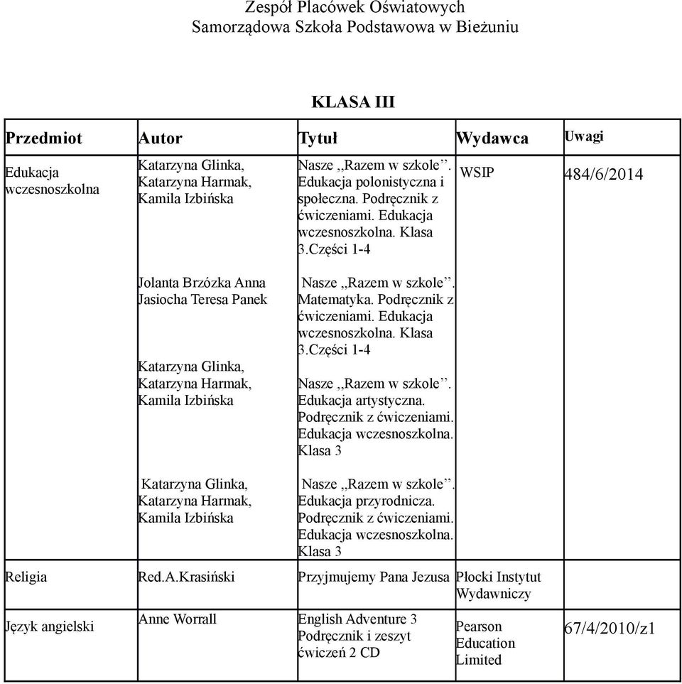 Części 1-4 artystyczna. Podręcznik z ćwiczeniami.. Klasa 3 przyrodnicza. Podręcznik z ćwiczeniami.. Klasa 3 Religia Red.