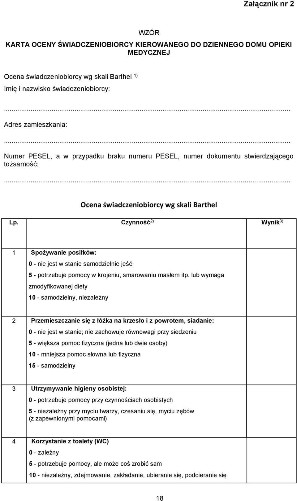 Czynność 2) Wynik 3) 1 Spożywanie posiłków: 0 - nie jest w stanie samodzielnie jeść 5 - potrzebuje pomocy w krojeniu, smarowaniu masłem itp.