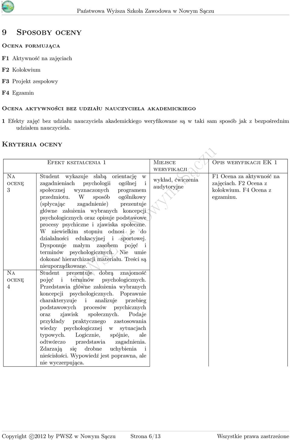 Kryteria oceny Efekt kszta lcenia 1 Student wykazuje s labą orientację w zagadnieniach psychologii ogólnej i spo lecznej wyznaczonych programem przedmiotu.