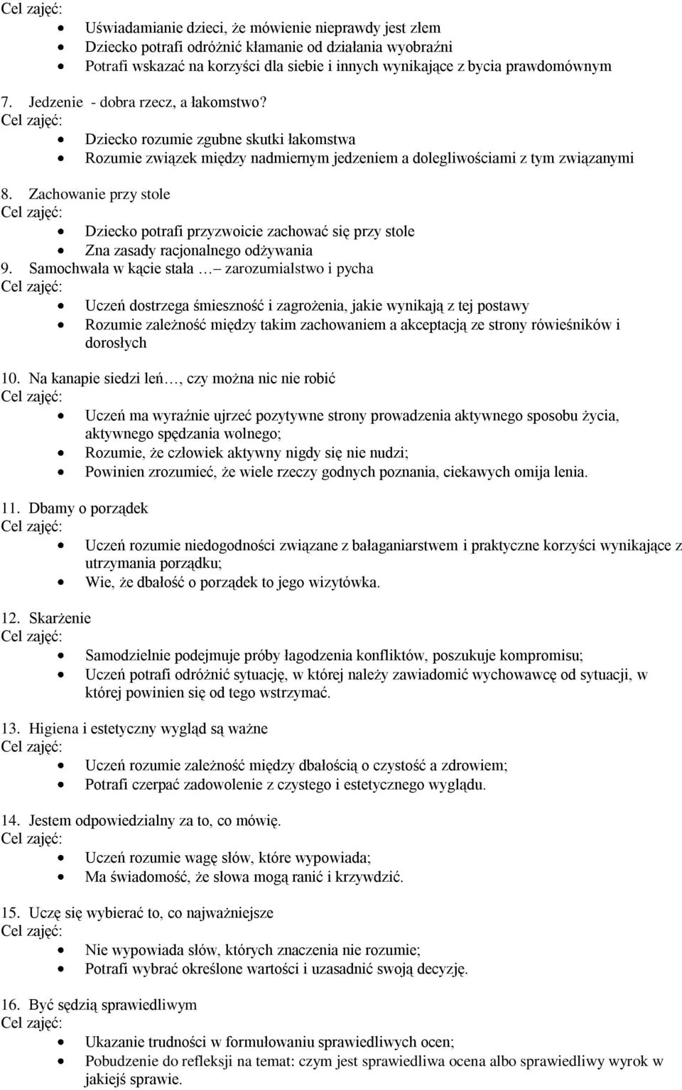 Zachowanie przy stole Dziecko potrafi przyzwoicie zachować się przy stole Zna zasady racjonalnego odżywania 9.