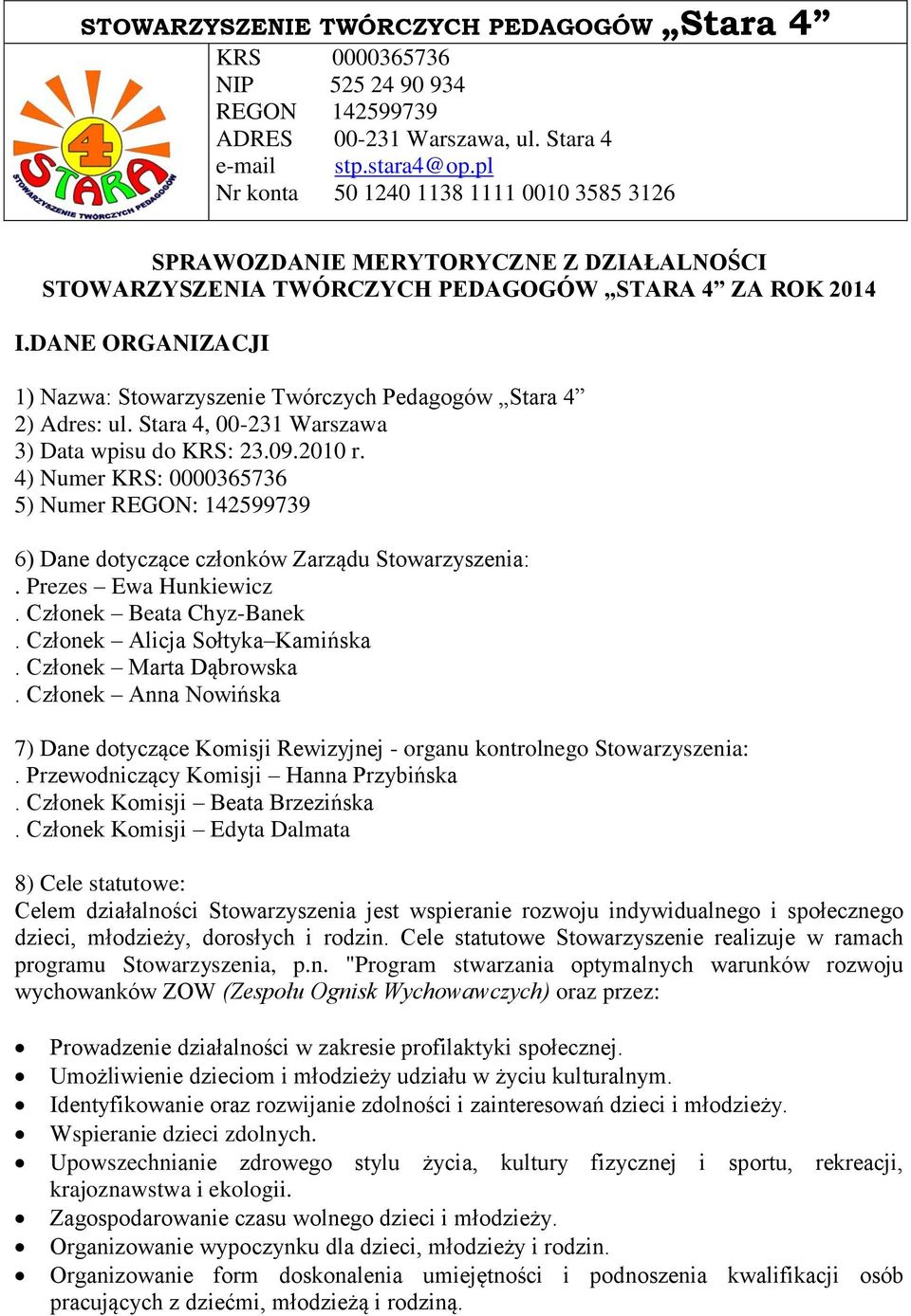 DANE ORGANIZACJI 1) Nazwa: Stowarzyszenie Twórczych Pedagogów Stara 4 2) Adres: ul. Stara 4, 00-231 Warszawa 3) Data wpisu do KRS: 23.09.2010 r.