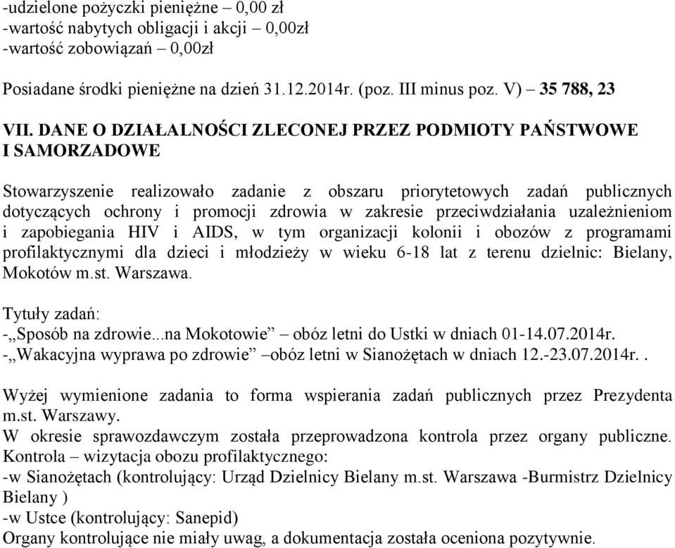 przeciwdziałania uzależnieniom i zapobiegania HIV i AIDS, w tym organizacji kolonii i obozów z programami profilaktycznymi dla dzieci i młodzieży w wieku 6-18 lat z terenu dzielnic: Bielany, Mokotów