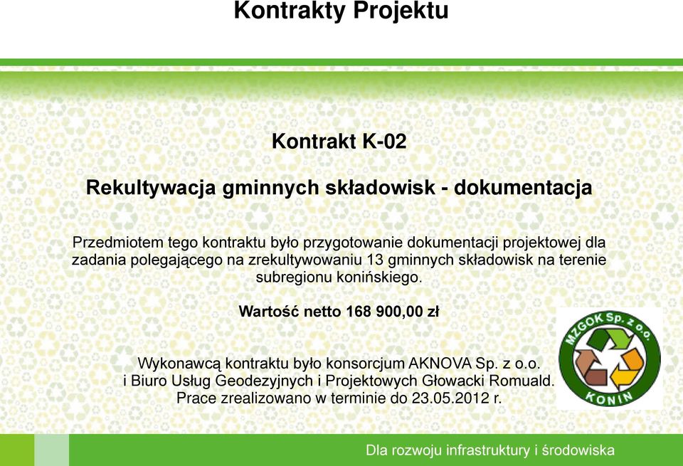 na terenie subregionu konińskiego. Wartość netto 168 900,00 zł Wykonawcą kontraktu było konsorcjum AKNOVA Sp.
