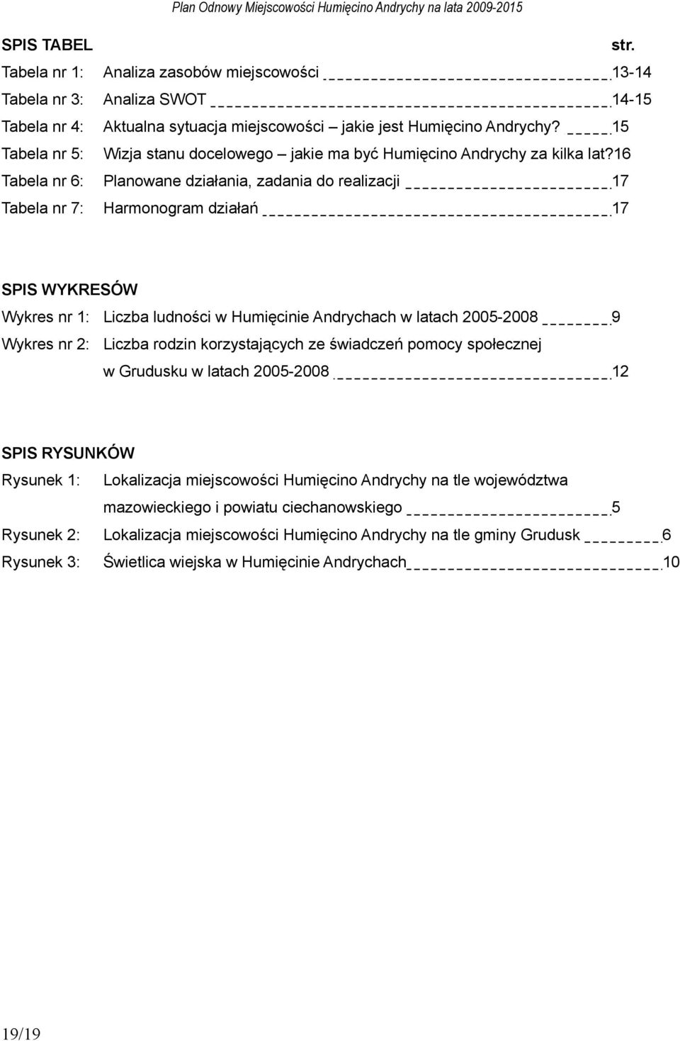 16 Tabela nr 6: Planowane działania, zadania do realizacji 17 Tabela nr 7: Harmonogram działań 17 SPIS WYKRESÓW Wykres nr 1: Liczba ludności w Humięcinie Andrychach w latach 2005-2008 9 Wykres nr 2: