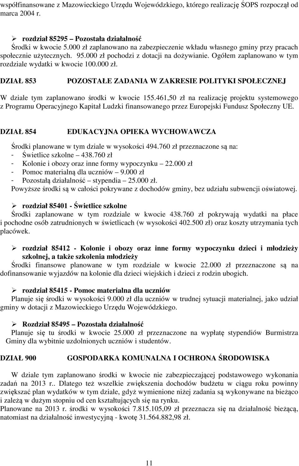 000 zł. DZIAŁ 853 POZOSTAŁE ZADANIA W ZAKRESIE POLITYKI SPOŁECZNEJ W dziale tym zaplanowano środki w kwocie 155.