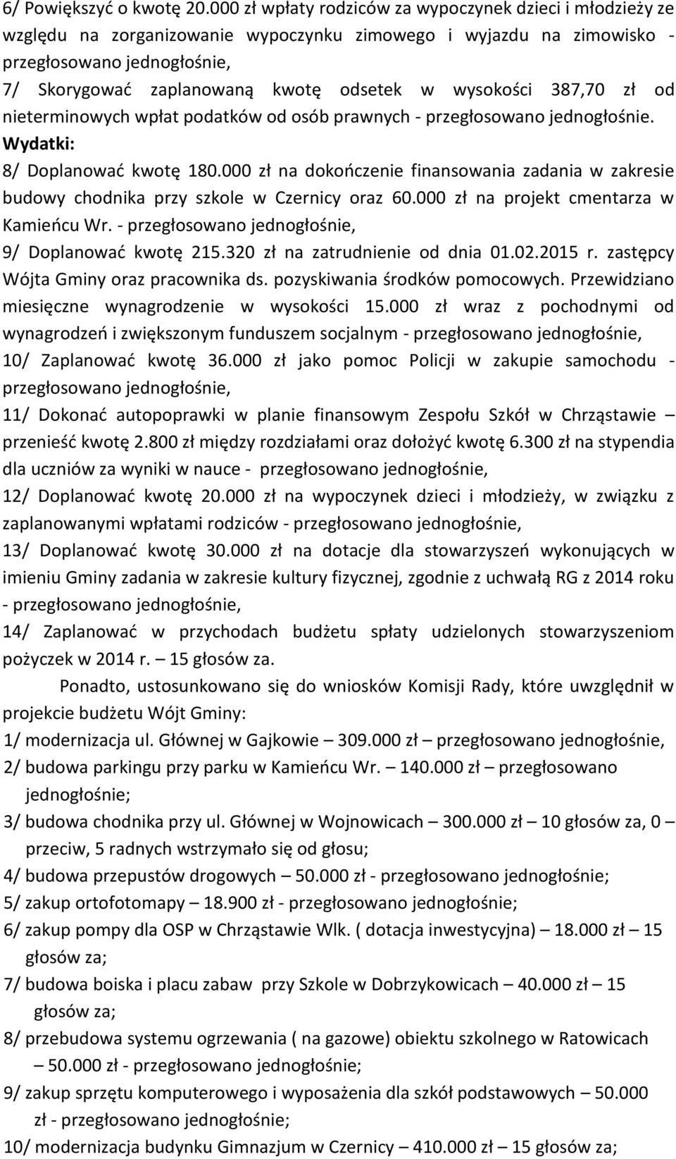 wysokości 387,70 zł od nieterminowych wpłat podatków od osób prawnych - przegłosowano jednogłośnie. Wydatki: 8/ Doplanować kwotę 180.