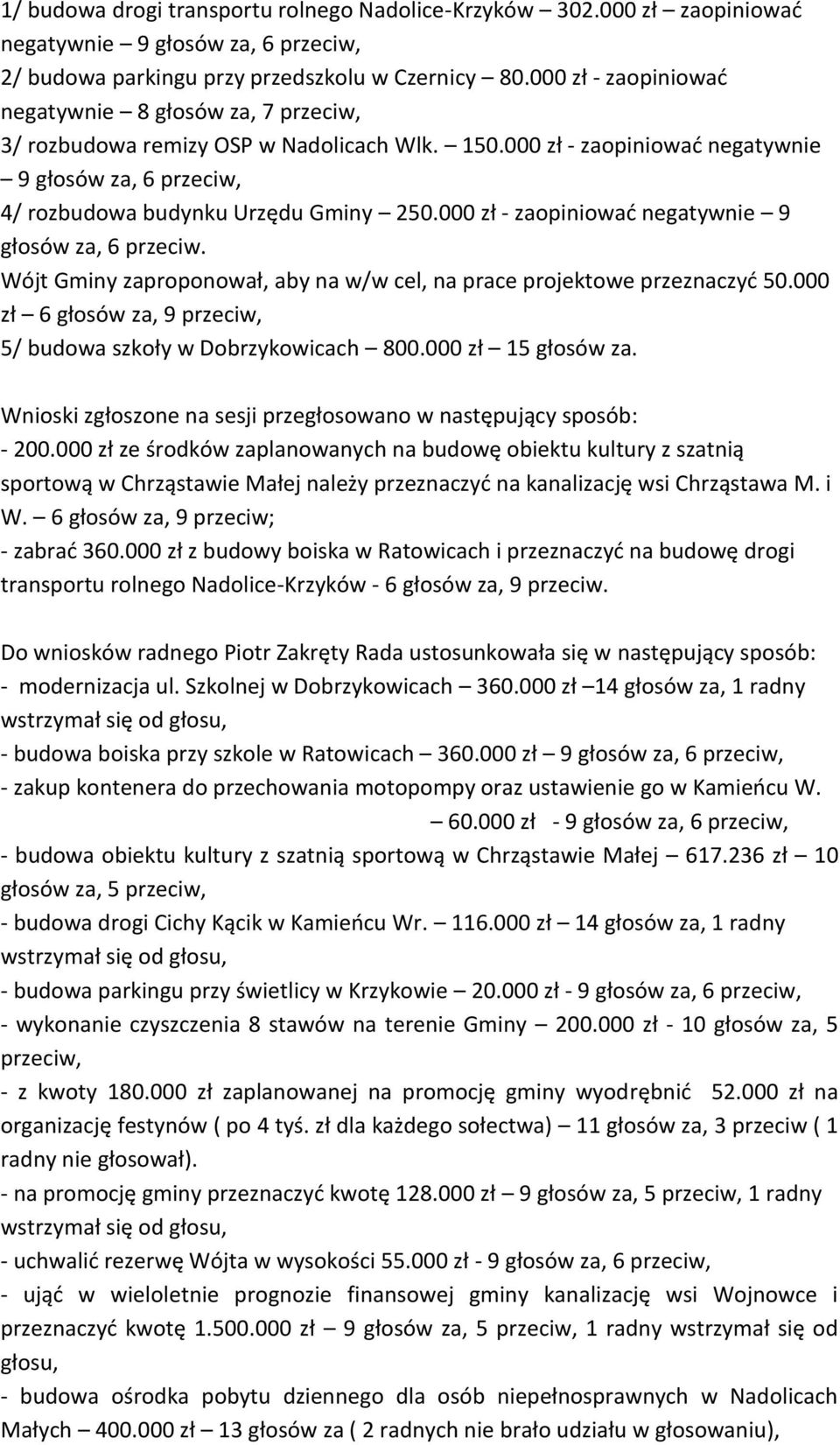 000 zł - zaopiniować negatywnie 9 głosów za, 6 przeciw. Wójt Gminy zaproponował, aby na w/w cel, na prace projektowe przeznaczyć 50.