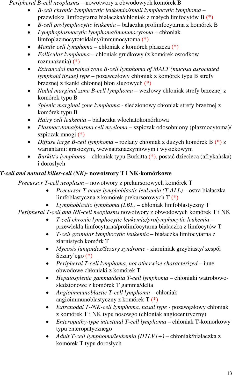 (*) Follicular lymphoma chłoniak grudkowy (z komórek osrodkow rozmnażania) (*) Extranodal marginal zone B-cell lymphoma of MALT (mucosa associated lymphoid tissue) type pozawezłowy chłoniak z komórek