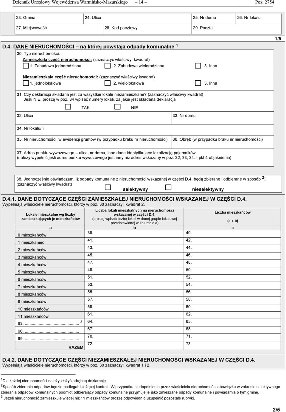 Inna 1/5 Niezamieszkała część nieruchomości: (zaznaczyć właściwy kwadrat) 1. jednolokalowa 2. wielolokalowa 3. Inna 31. Czy deklaracja składana jest za wszystkie lokale niezamieszkane?