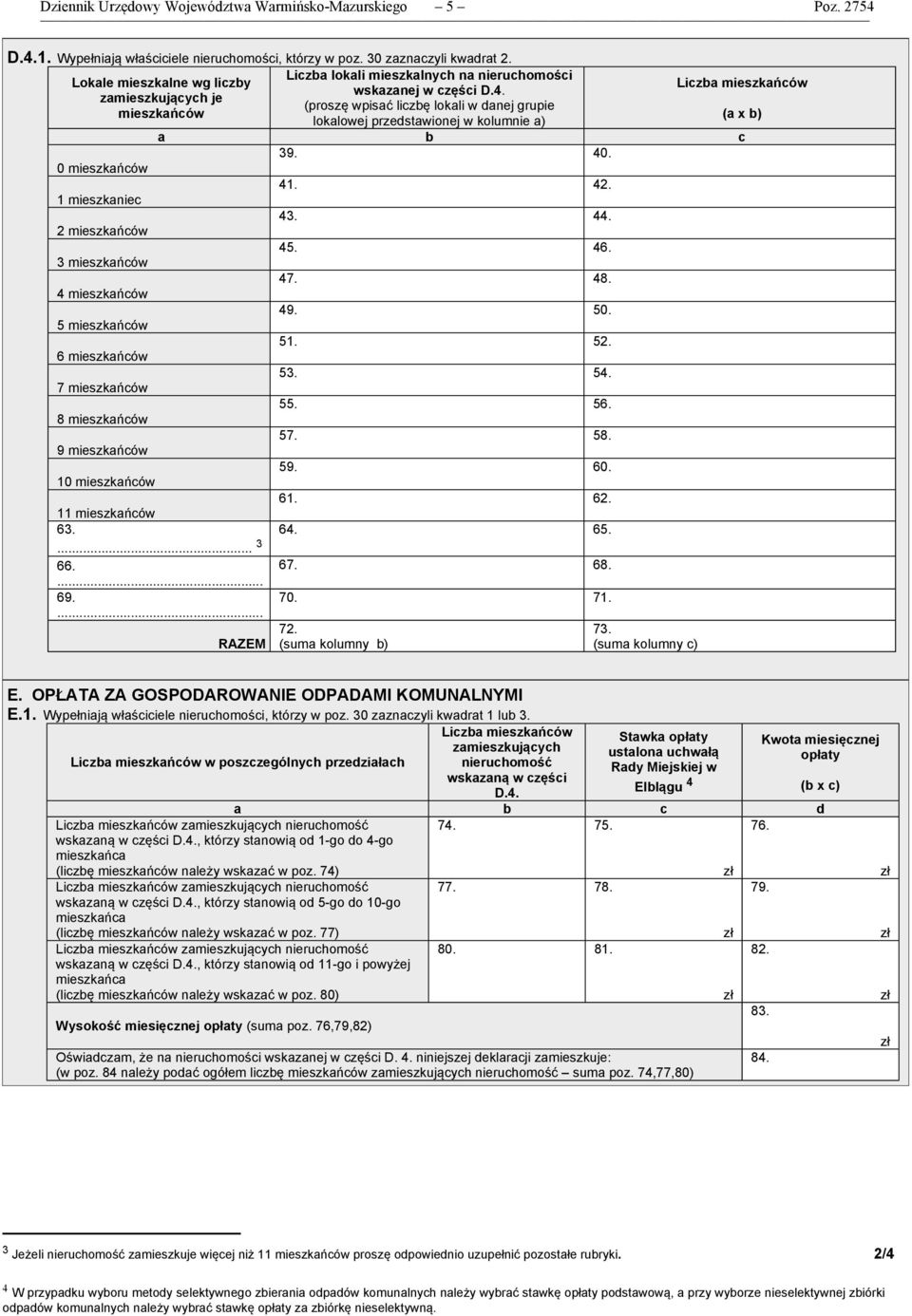 zamieszkujących je (proszę wpisać liczbę lokali w danej grupie mieszkańców (a x b) lokalowej przedstawionej w kolumnie a) a b c 39. 40. 0 mieszkańców 41. 42. 1 mieszkaniec 43. 44. 2 mieszkańców 45.