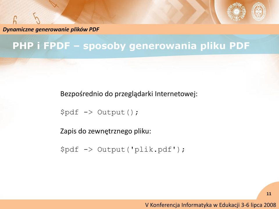 Internetowej: $pdf -> Output(); Zapis do