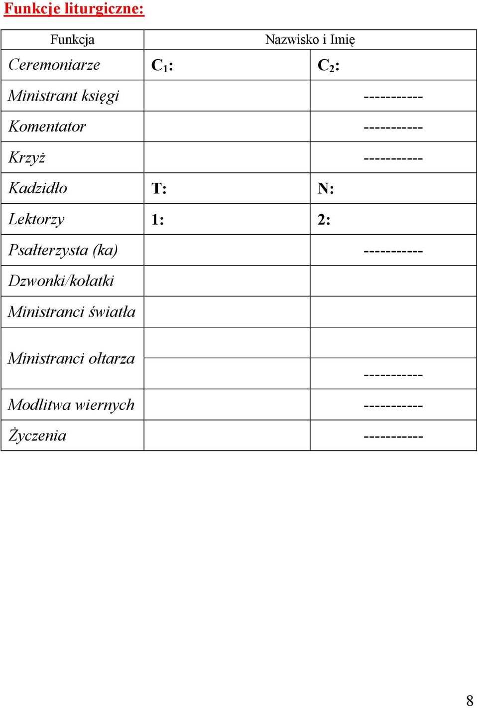 Lektorzy 1: 2: Psałterzysta (ka) ----------- Dzwonki/kołatki Ministranci światła
