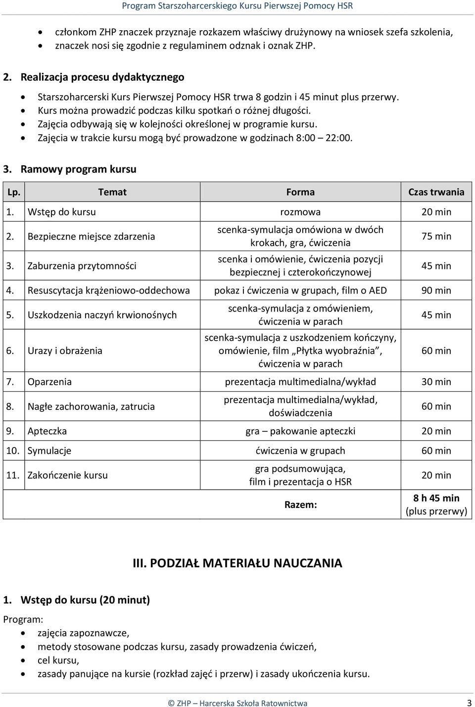 Zajęcia odbywają się w kolejności określonej w programie kursu. Zajęcia w trakcie kursu mogą być prowadzone w godzinach 8:00 22:00. 3. Ramowy program kursu Lp. Temat Forma Czas trwania 1.