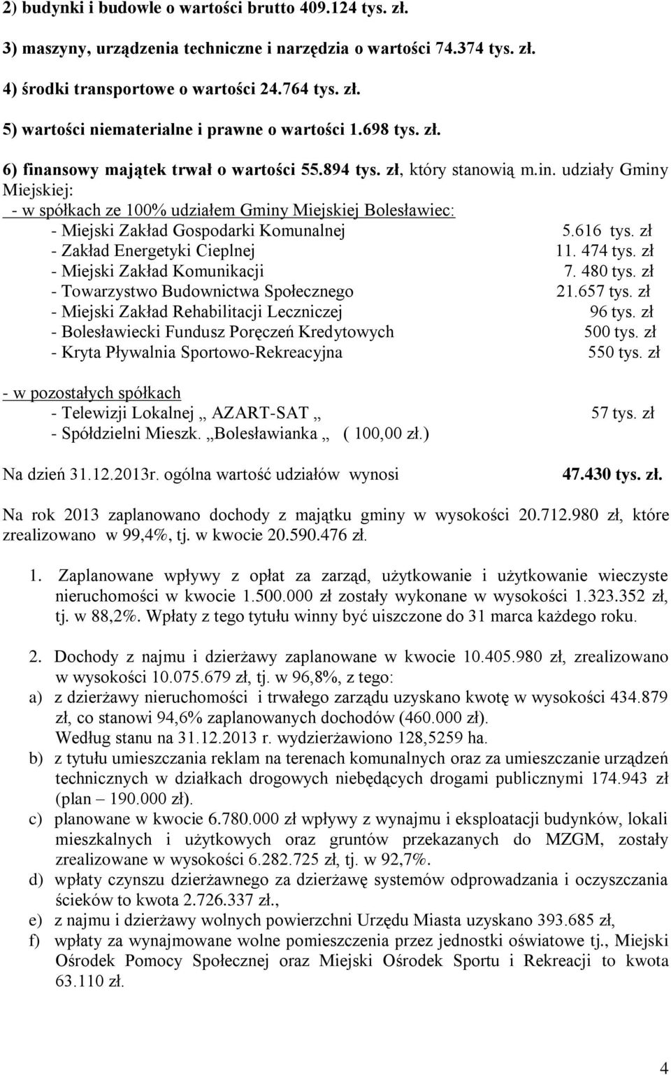 616 tys. zł - Zakład Energetyki Cieplnej 11. 474 tys. zł - Miejski Zakład Komunikacji 7. 480 tys. zł - Towarzystwo Budownictwa Społecznego 21.657 tys.