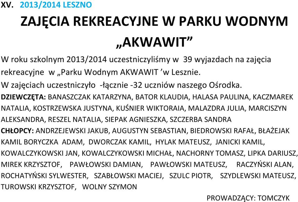 DZIEWCZĘTA: BANASZCZAK KATARZYNA, BATOR KLAUDIA, HALASA PAULINA, KACZMAREK NATALIA, KOSTRZEWSKA JUSTYNA, KUŚNIER WIKTORAIA, MALAZDRA JULIA, MARCISZYN ALEKSANDRA, RESZEL NATALIA, SIEPAK AGNIESZKA,