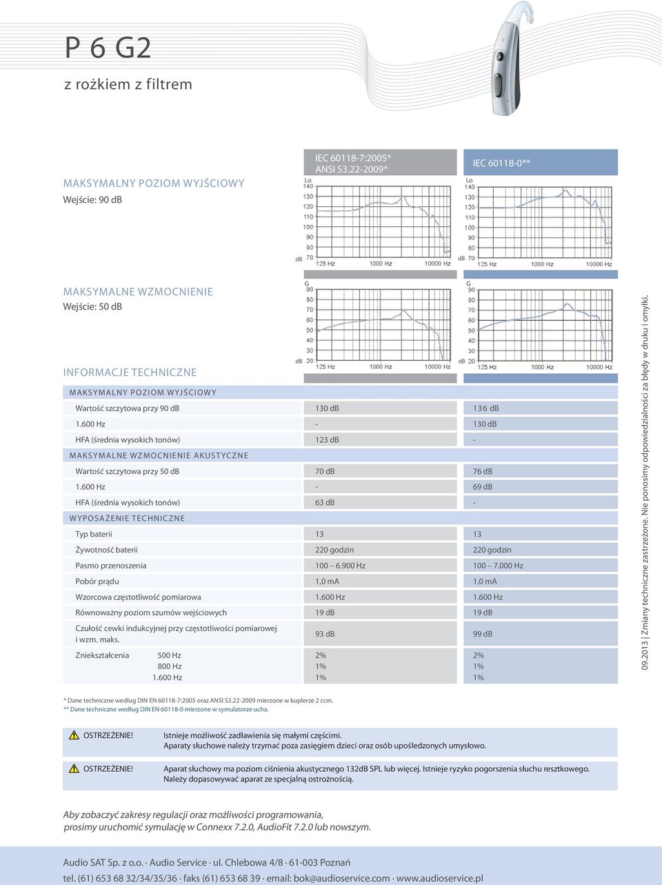 0 Hz - 69 HFA (średnia wysokich tonów) 63 - WYPOSAŻENIE TECHNICZNE Typ baterii 13 13 Żywotność baterii 220 godzin 220 godzin Pasmo przenoszenia 6.0 Hz 7.