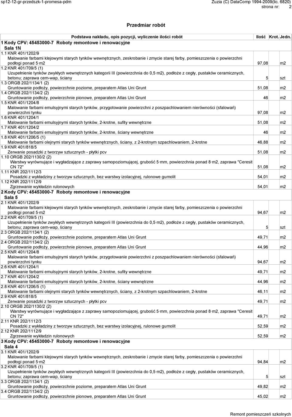 4 ORGB 202/1134/2 (2) Gruntowanie podłoży, powierzchnie pionowe, preparatem Atlas Uni Grunt 46 m2 1.5 KNR 401/1204/8 powierzchni tynku 97,08 m2 1.