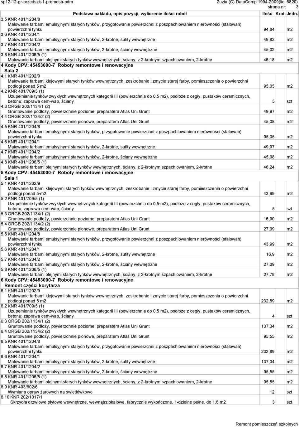 8 KNR 401/1206/5 (1) Malowanie farbami olejnymi starych tynków wewnętrznych, ściany, z 2-krotnym szpachlowaniem, 2-krotne 46,18 m2 4 Kody CPV: 45453000-7 Roboty remontowe i renowacyjne Sala 2 4.