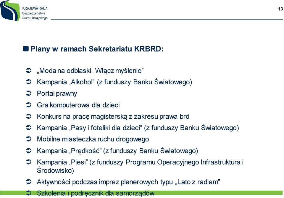 z zakresu prawa brd Kampania Pasy i foteliki dla dzieci (z funduszy Banku Światowego) Mobilne miasteczka ruchu drogowego Kampania