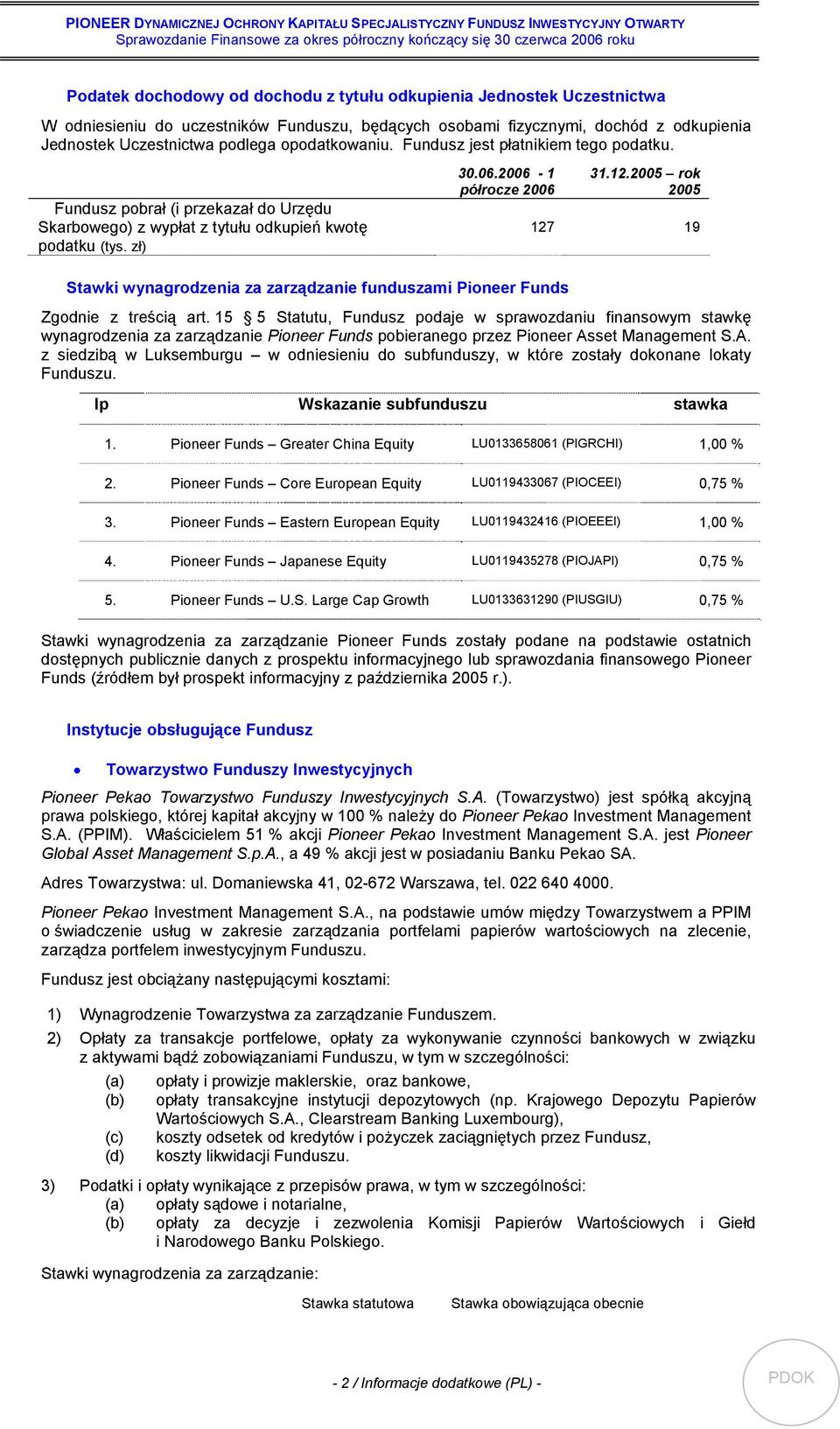 2006-1 półrocze 2006 Stawki wynagrodzenia za zarządzanie funduszami Pioneer Funds 31.12.2005 rok 2005 127 19 Zgodnie z treścią art.