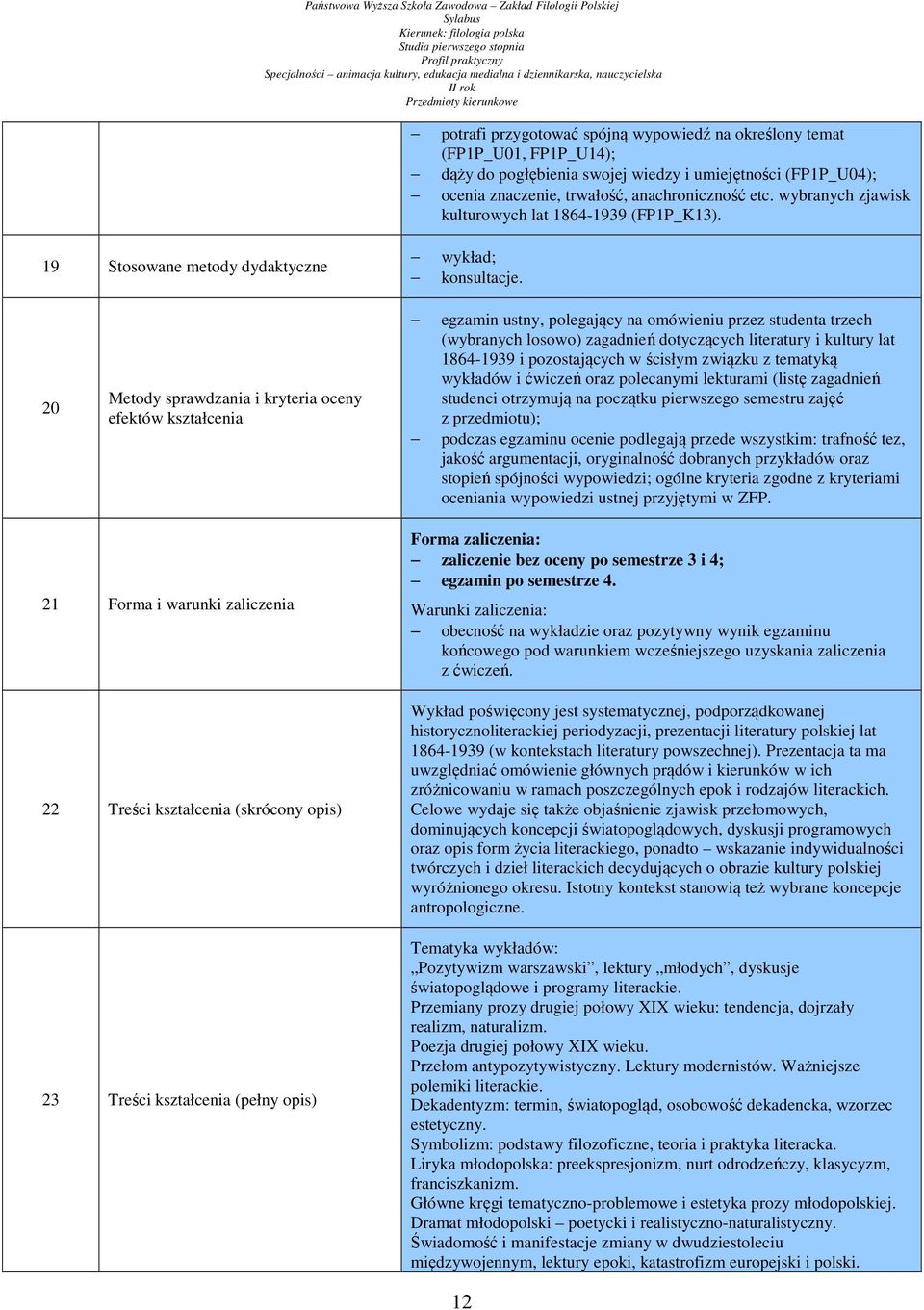 20 Metody sprawdzania i kryteria oceny efektów kształcenia egzamin ustny, polegający na omówieniu przez studenta trzech (wybranych losowo) zagadnień dotyczących literatury i kultury lat 1864-1939 i