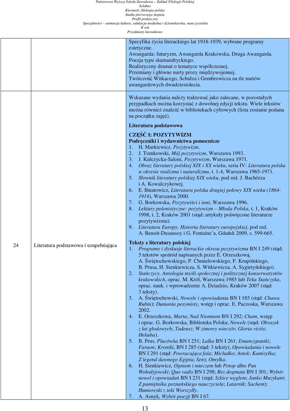 24 Literatura podstawowa i uzupełniająca Wskazane wydania należy traktować jako zalecane, w pozostałych przypadkach można korzystać z dowolnej edycji tekstu.