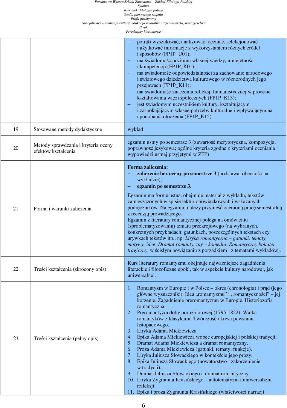 refleksji humanistycznej w procesie kształtowania więzi społecznych (FP1P_K13); jest świadomym uczestnikiem kultury, kształtującym i zaspokajającym własne potrzeby kulturalne i wpływającym na