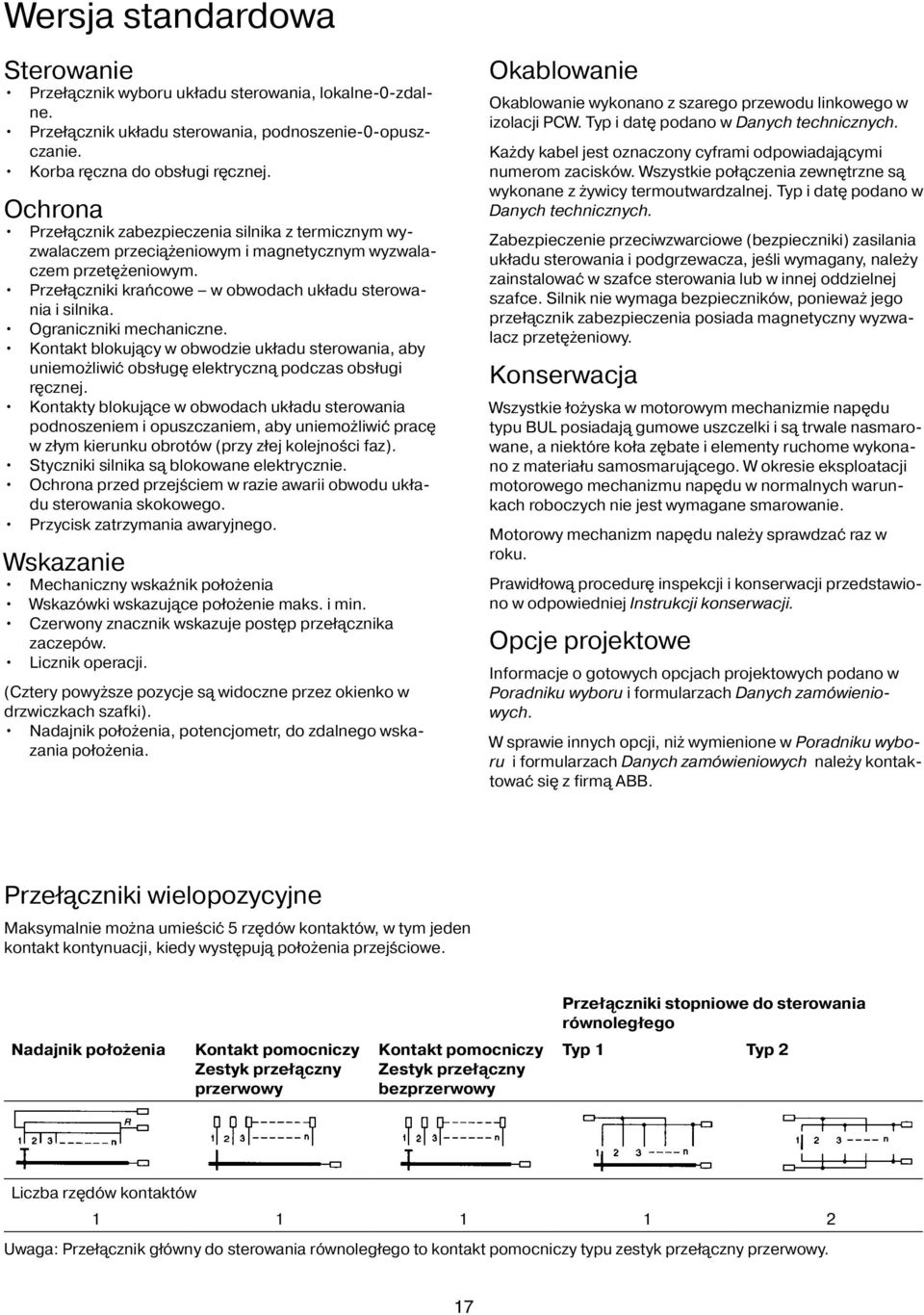 Ograniczniki mechaniczne. Kontakt blokujący w obwodzie układu sterowania, aby uniemożliwić obsługę elektryczną podczas obsługi ręcznej.