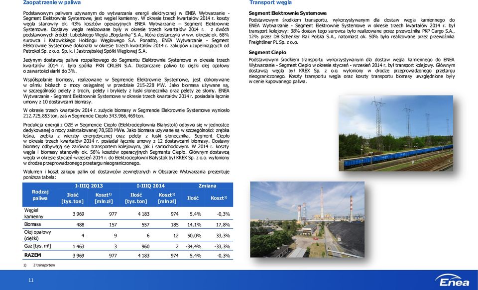 z dwóch podstawowych źródeł: Lubelskiego Węgla Bogdanka S.A., która dostarczyła w ww. okresie ok. 68% surowca i Katowickiego Holdingu Węglowego S.A. Ponadto, ENEA Wytwarzanie - Segment Elektrownie Systemowe dokonała w okresie trzech kwartałów 2014 r.