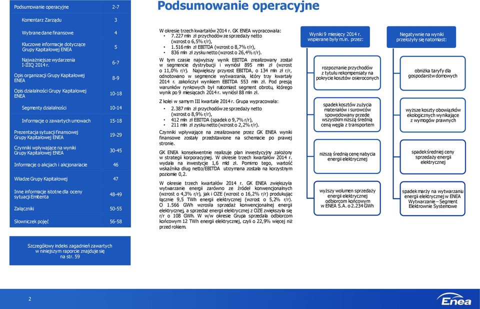 Kapitałowej ENEA Czynniki wpływające na wyniki Grupy Kapitałowej ENEA 19-29 30-45 Informacje o akcjach i akcjonariacie 46 Władze Grupy Kapitałowej 47 Inne informacje istotne dla oceny sytuacji