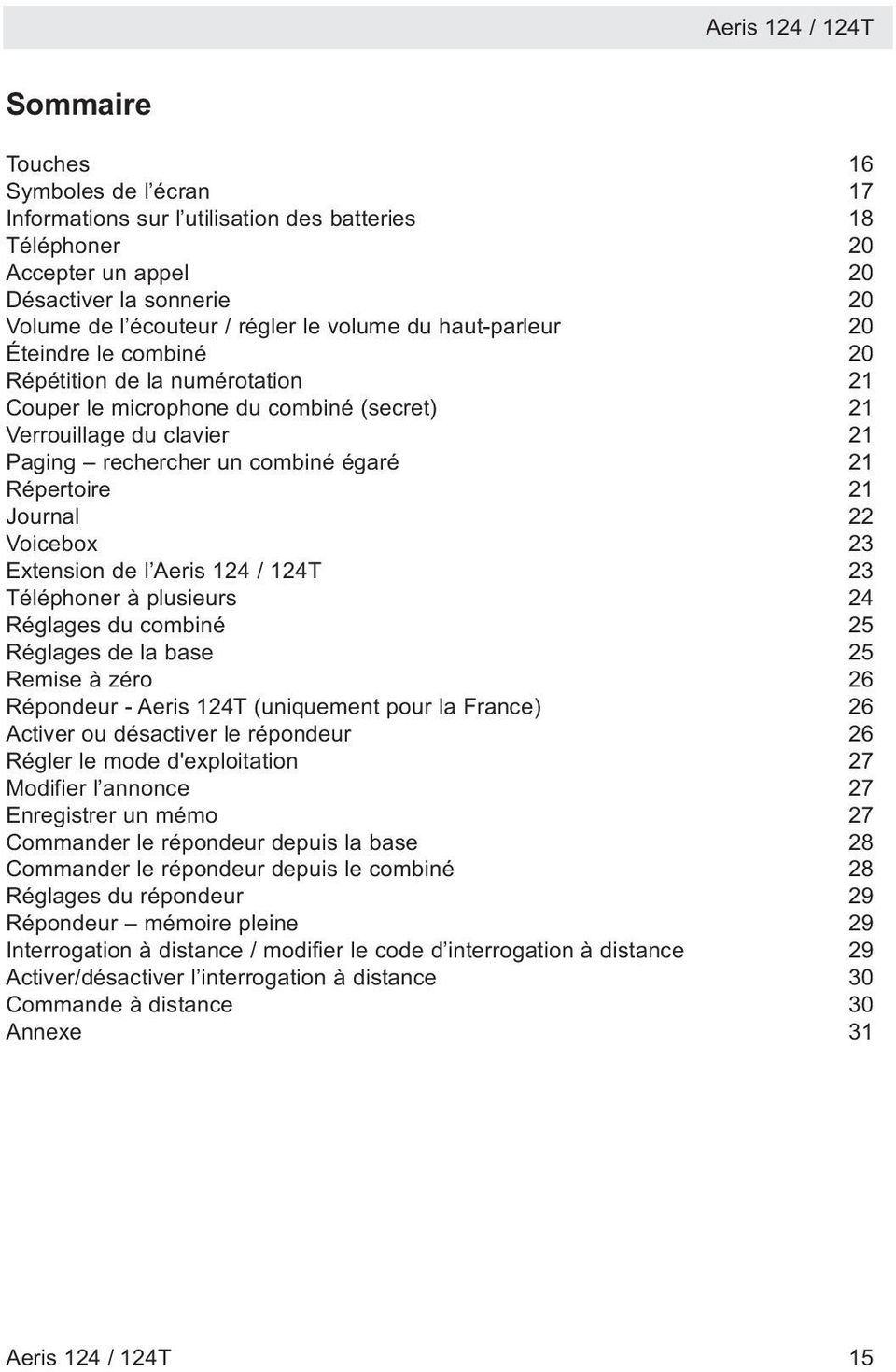 Journal 22 Voicebox 23 Extension de l Aeris 124 / 124T 23 Téléphoner à plusieurs 24 Réglages du combiné 25 Réglages de la base 25 Remise à zéro 26 Répondeur - Aeris 124T (uniquement pour la France)