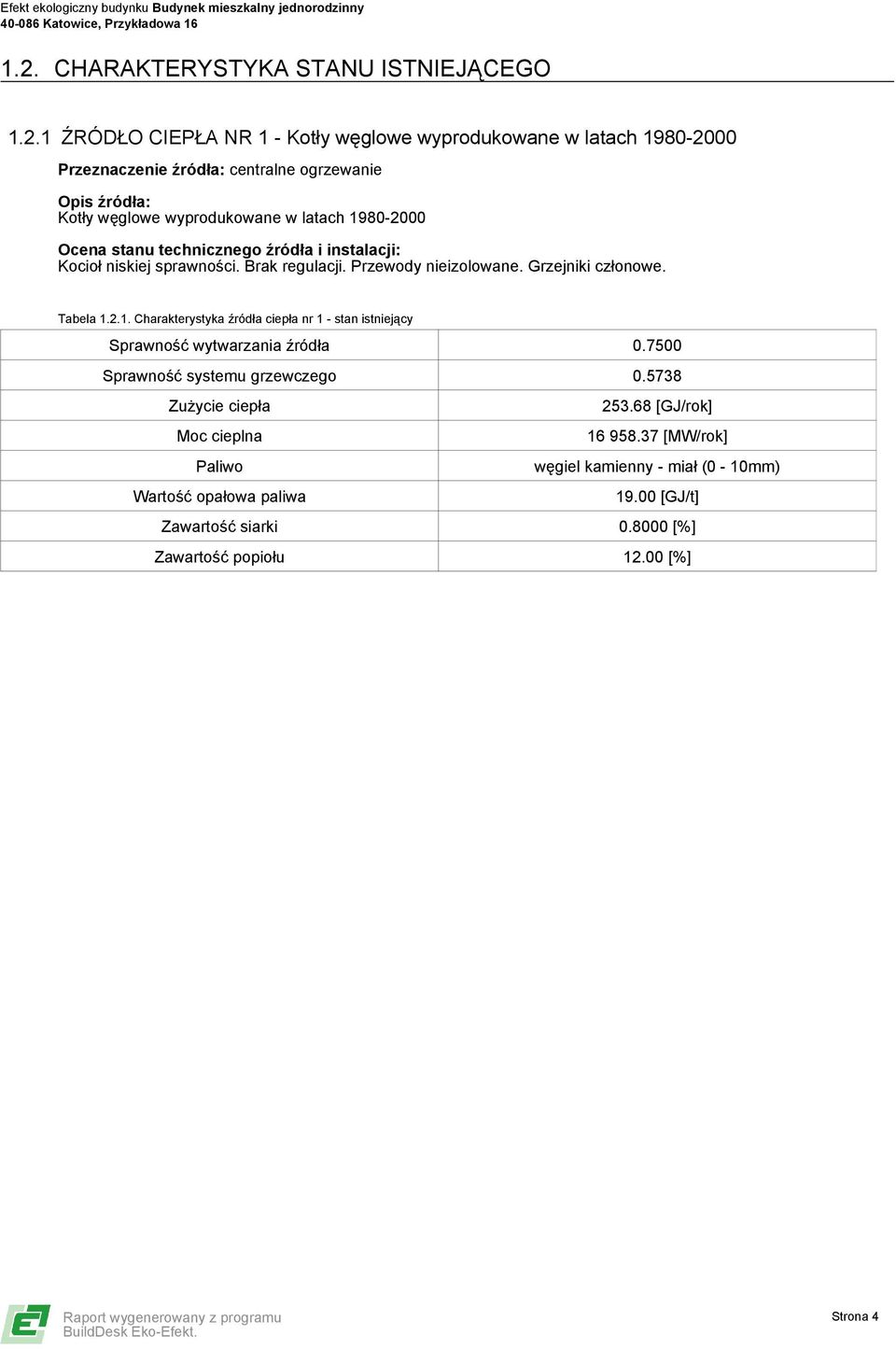 Grzejniki członowe. Tabela 1.2.1. Charakterystyka źródła ciepła nr 1 - stan istniejący Sprawność wytwarzania źródła 0.7500 Sprawność systemu grzewczego 0.