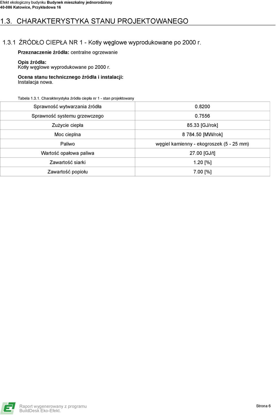 Ocena stanu technicznego źródła i instalacji: Instalacja nowa. Tabela 1.