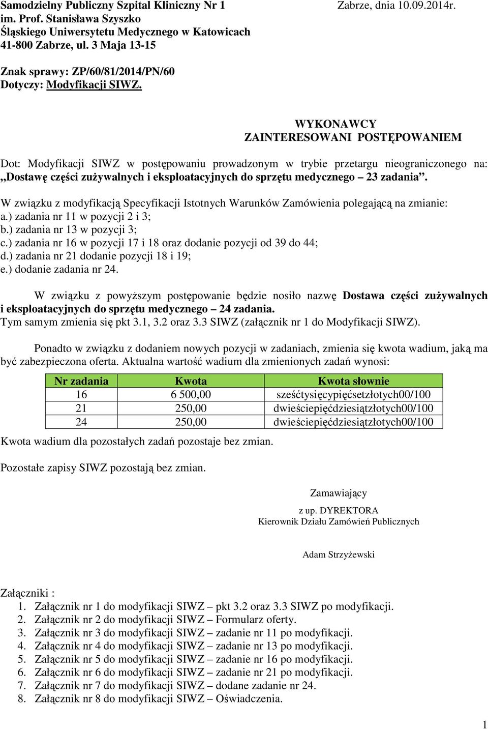 WYKONAWCY ZAINTERESOWANI POSTĘPOWANIEM Dot: Modyfikacji SIWZ w postępowaniu prowadzonym w trybie przetargu nieograniczonego na: Dostawę części zuŝywalnych i eksploatacyjnych do sprzętu medycznego 23